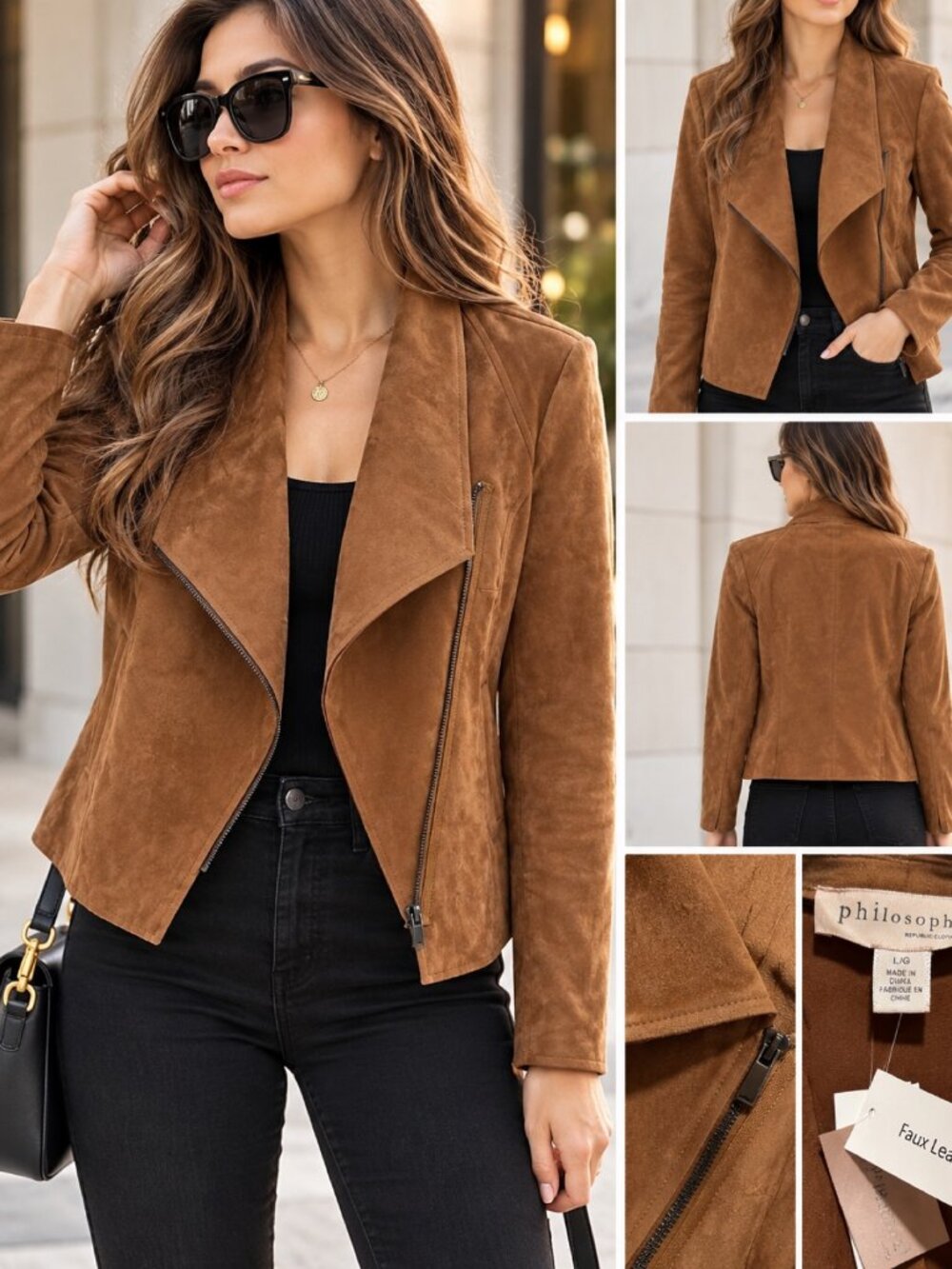 Philosophy Faux Leather Moto Jacket Women L Camel Brown Asymmetric Zip NWT